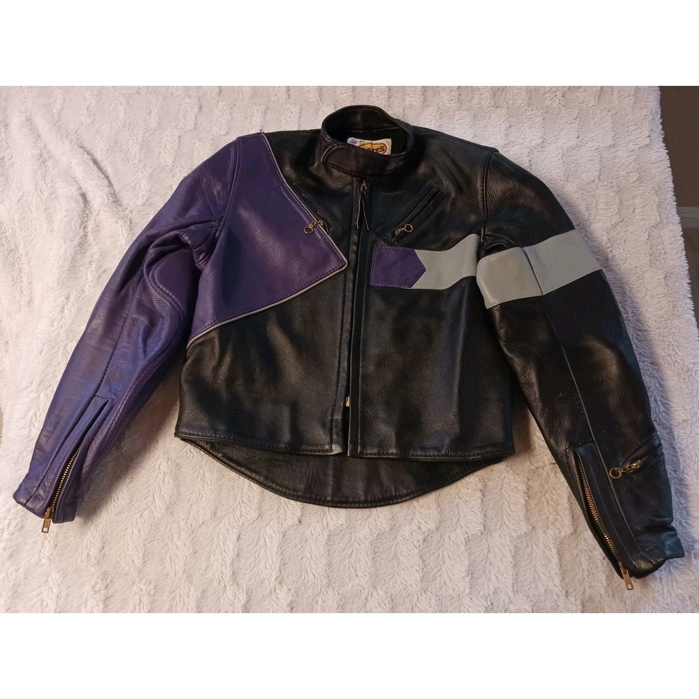 Vintage Bates Purple/Black Leather Motorcycle Armor Jacket Women's Large/Men's S